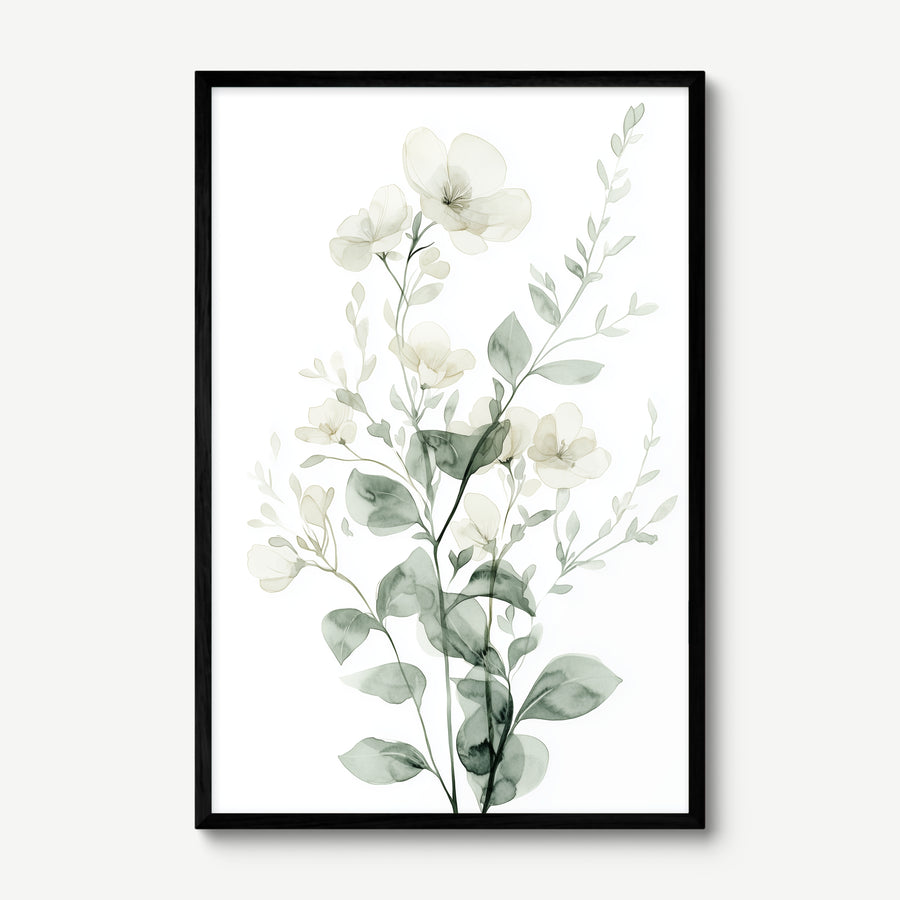 White Botanical Bouquet art print in a black frame