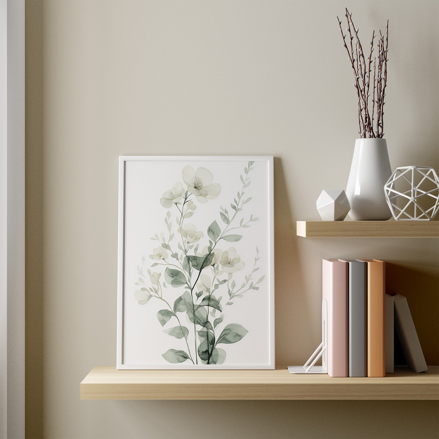 White Botanical Bouquet framed in a room