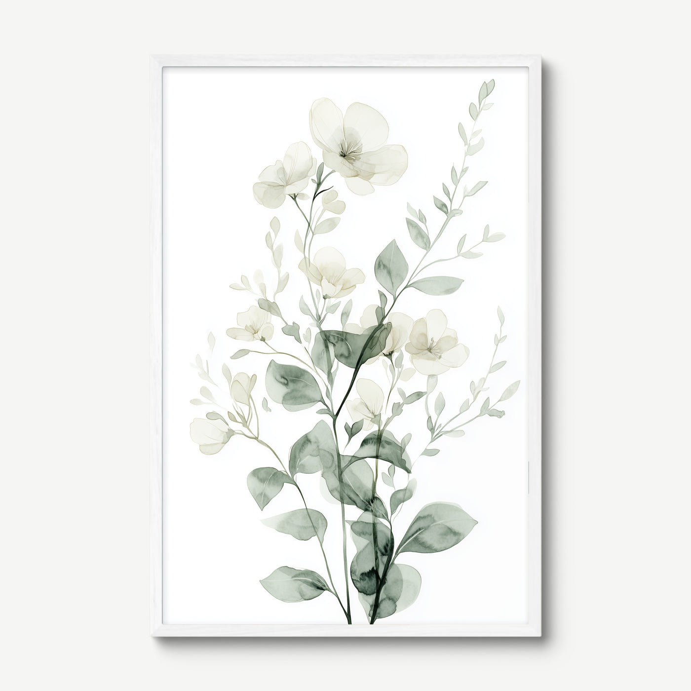 White Botanical Bouquet art print in a white frame