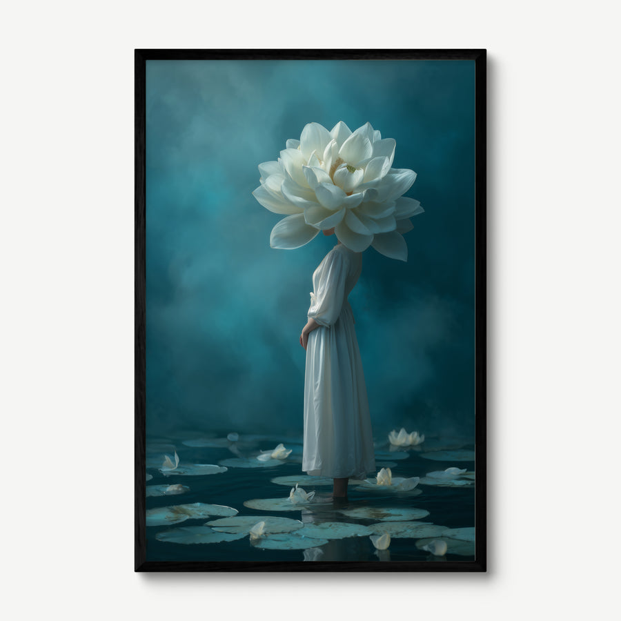 White Dress, Lotus Head art print in a black frame
