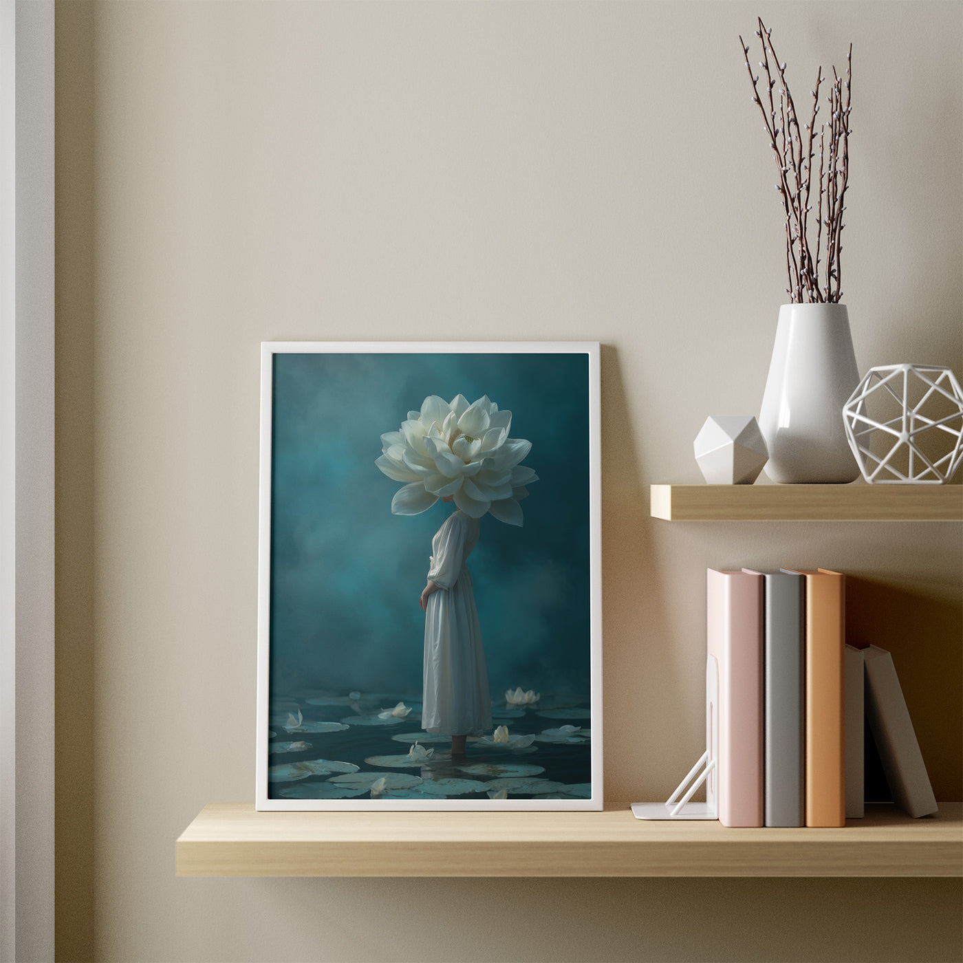 White Dress, Lotus Head framed in a room