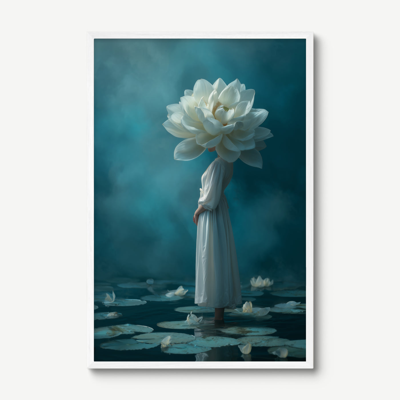 White Dress, Lotus Head art print in a white frame