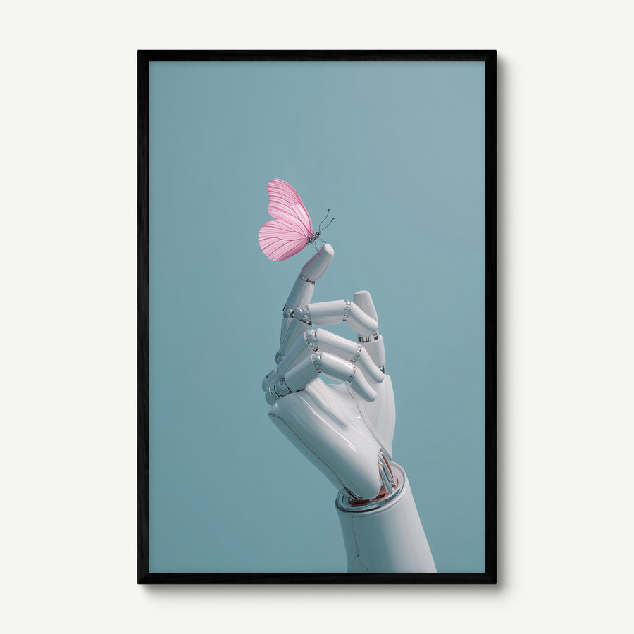 White Hand, Pink Butterfly art print in a black frame