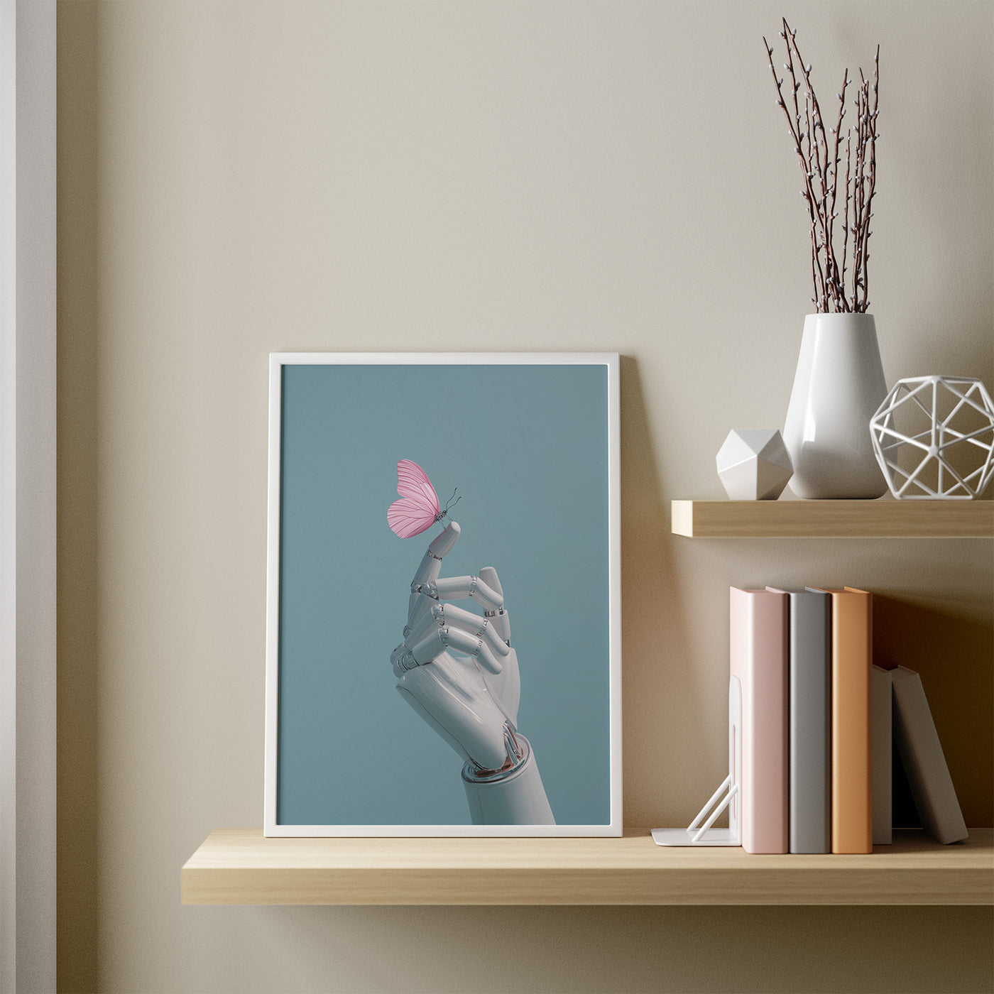White Hand, Pink Butterfly framed in a room