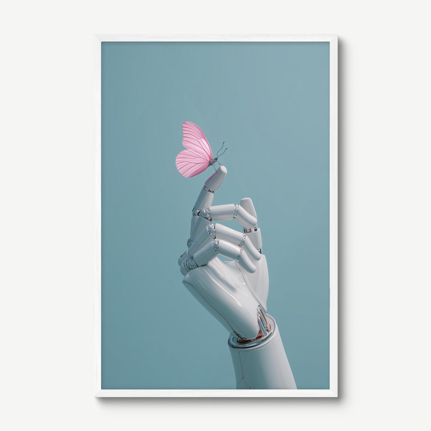 White Hand, Pink Butterfly art print in a white frame