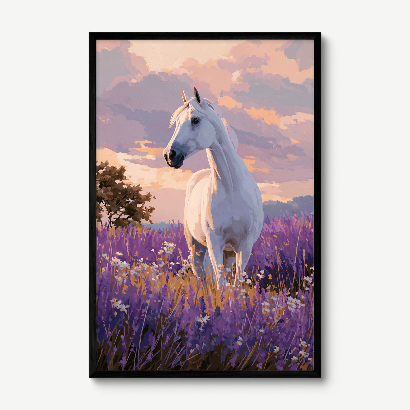 White Stallion in Lavender art print in a black frame