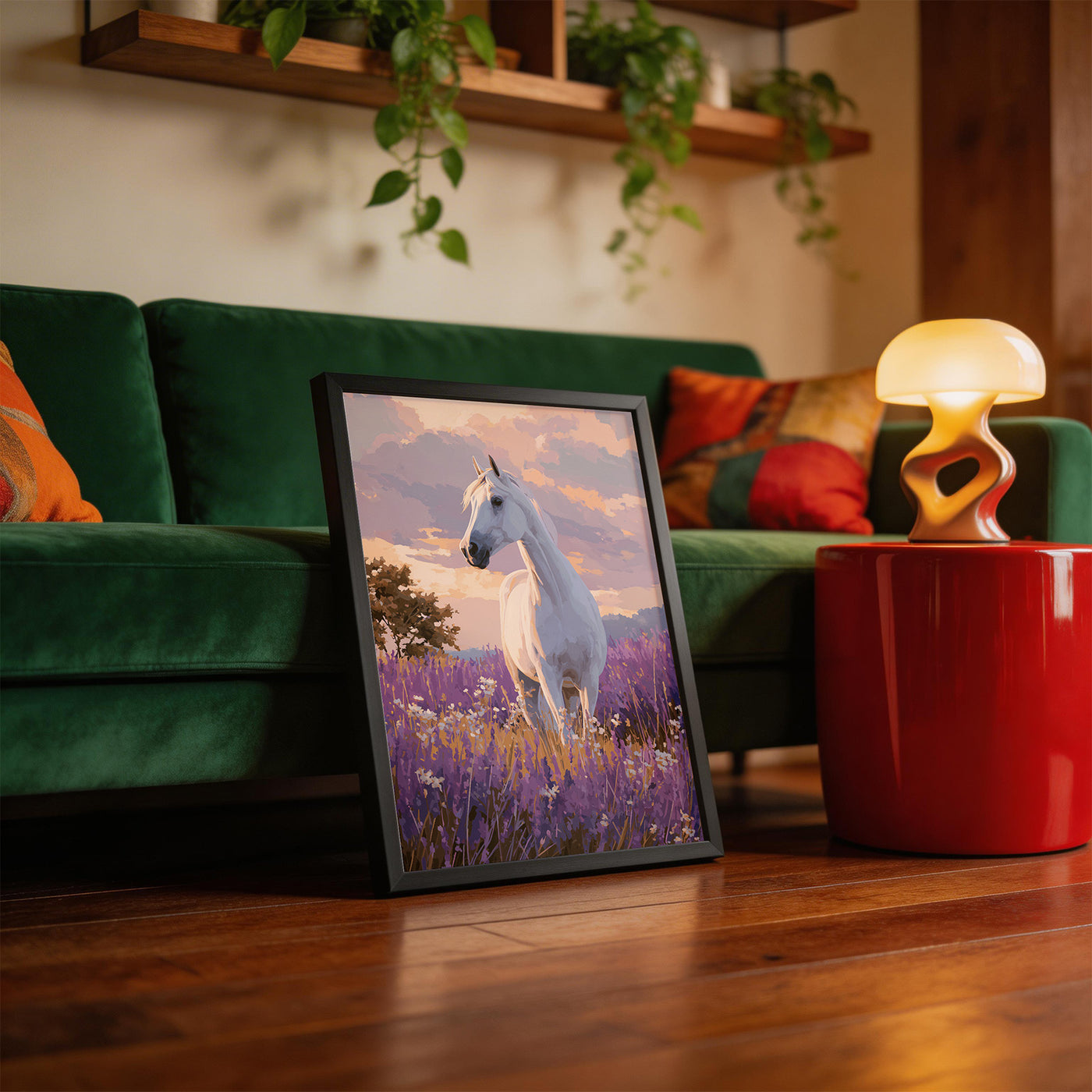 White Stallion in Lavender framed on a wall