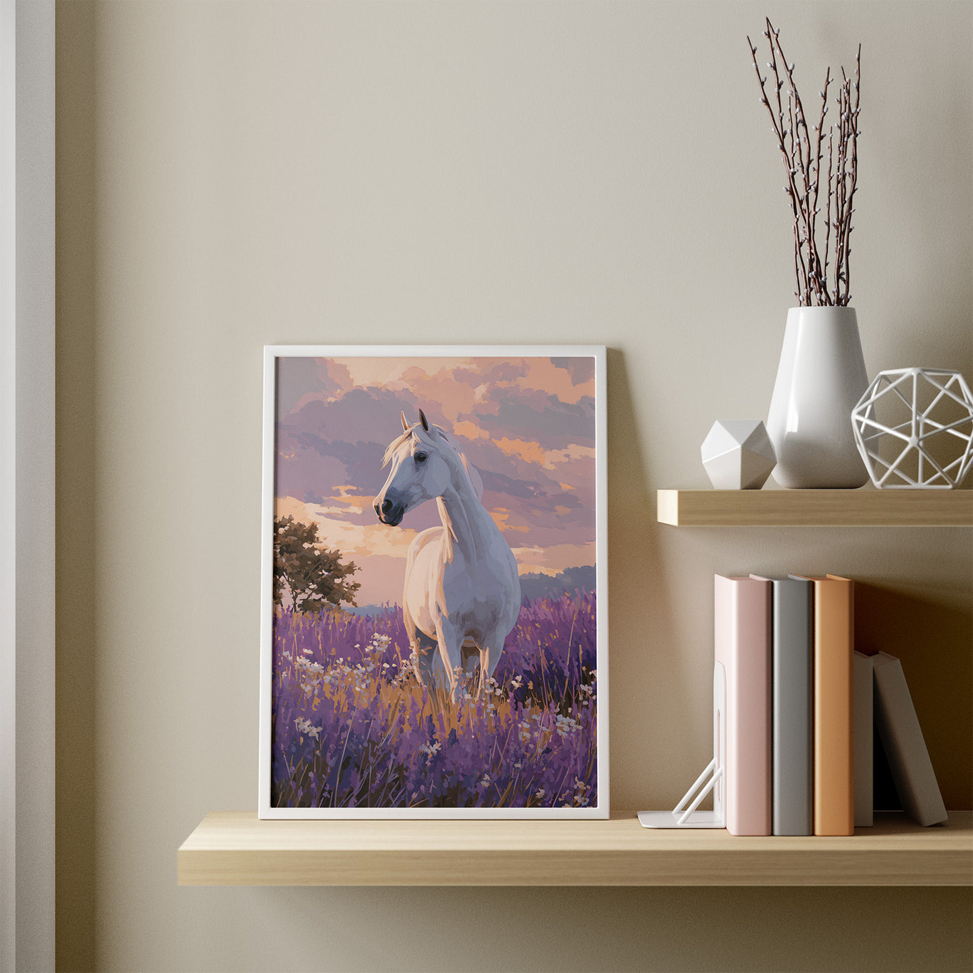 White Stallion in Lavender framed in a room