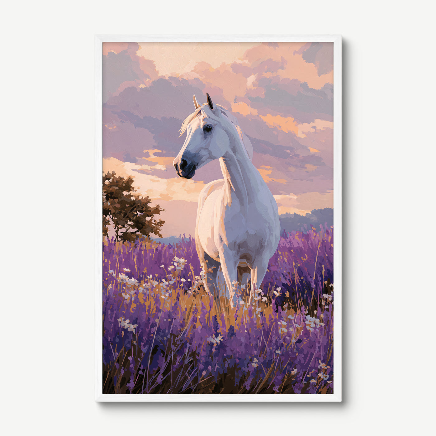 White Stallion in Lavender art print in a white frame