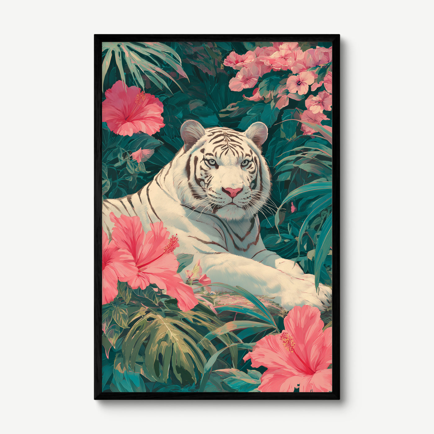 White Tiger in Hibiscus art print in a black frame