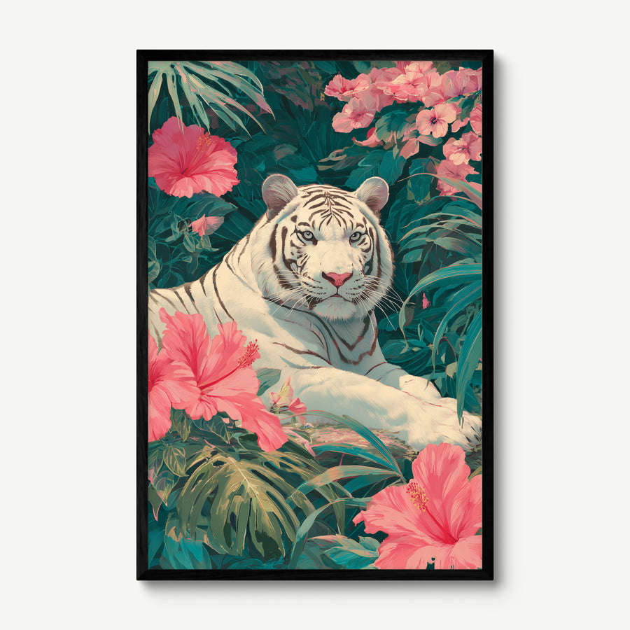 White Tiger in Hibiscus art print in a black frame