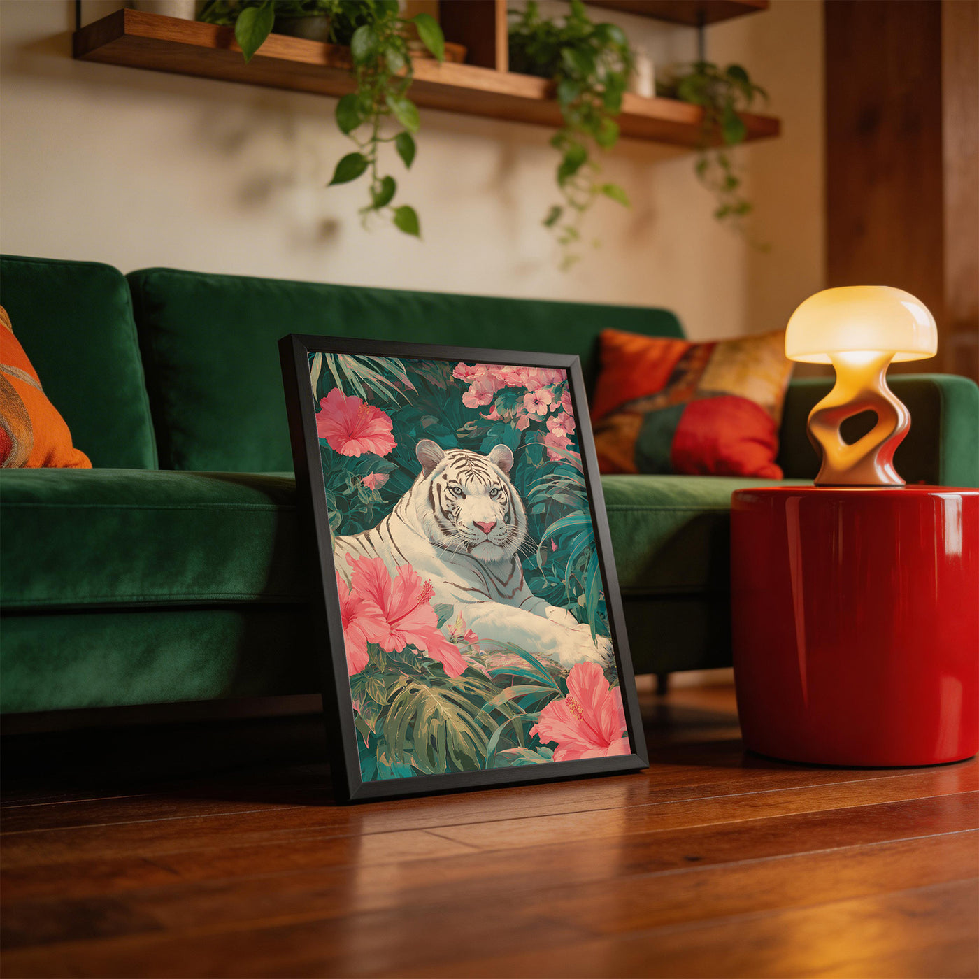 White Tiger in Hibiscus framed on a wall