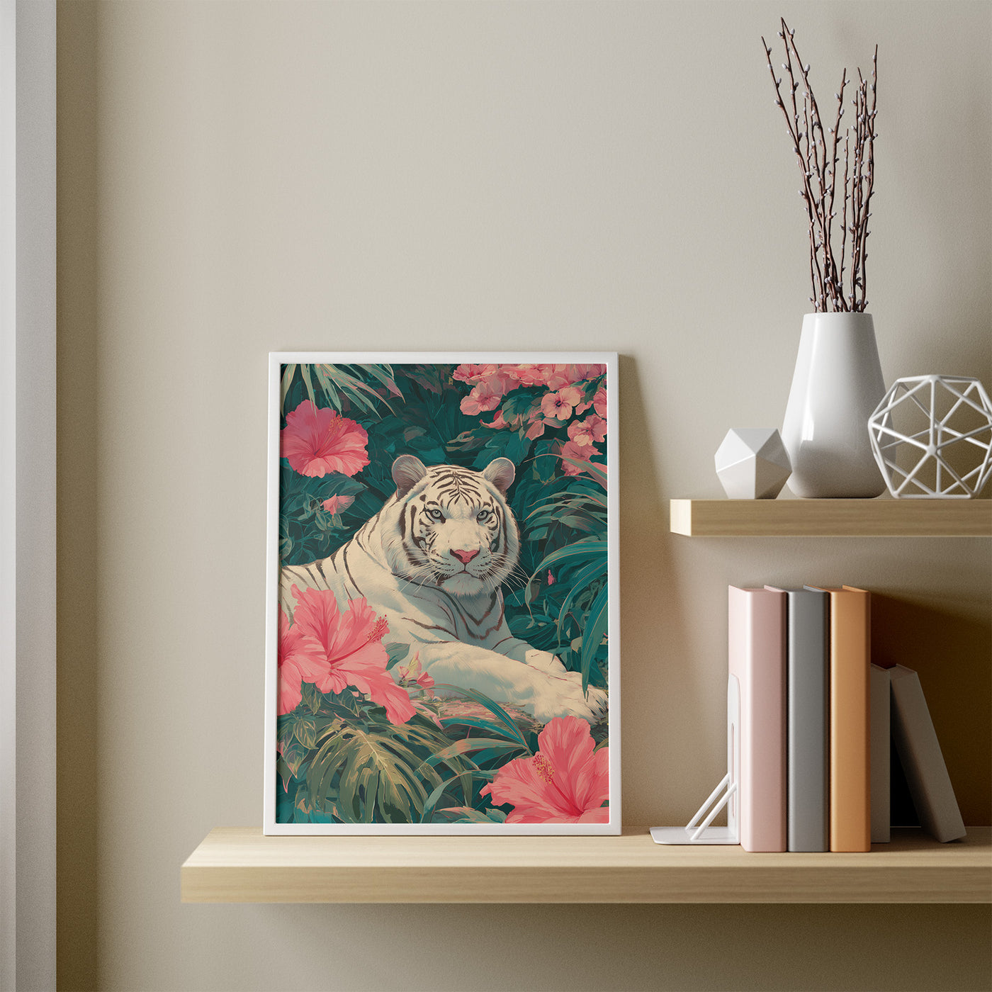 White Tiger in Hibiscus framed in a room