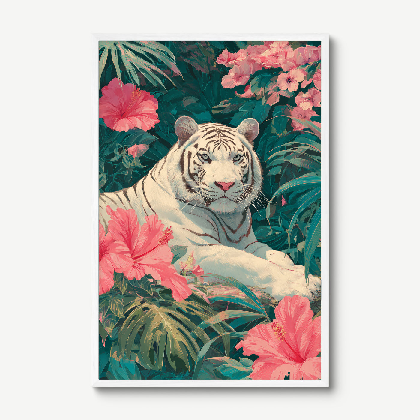 White Tiger in Hibiscus art print in a white frame
