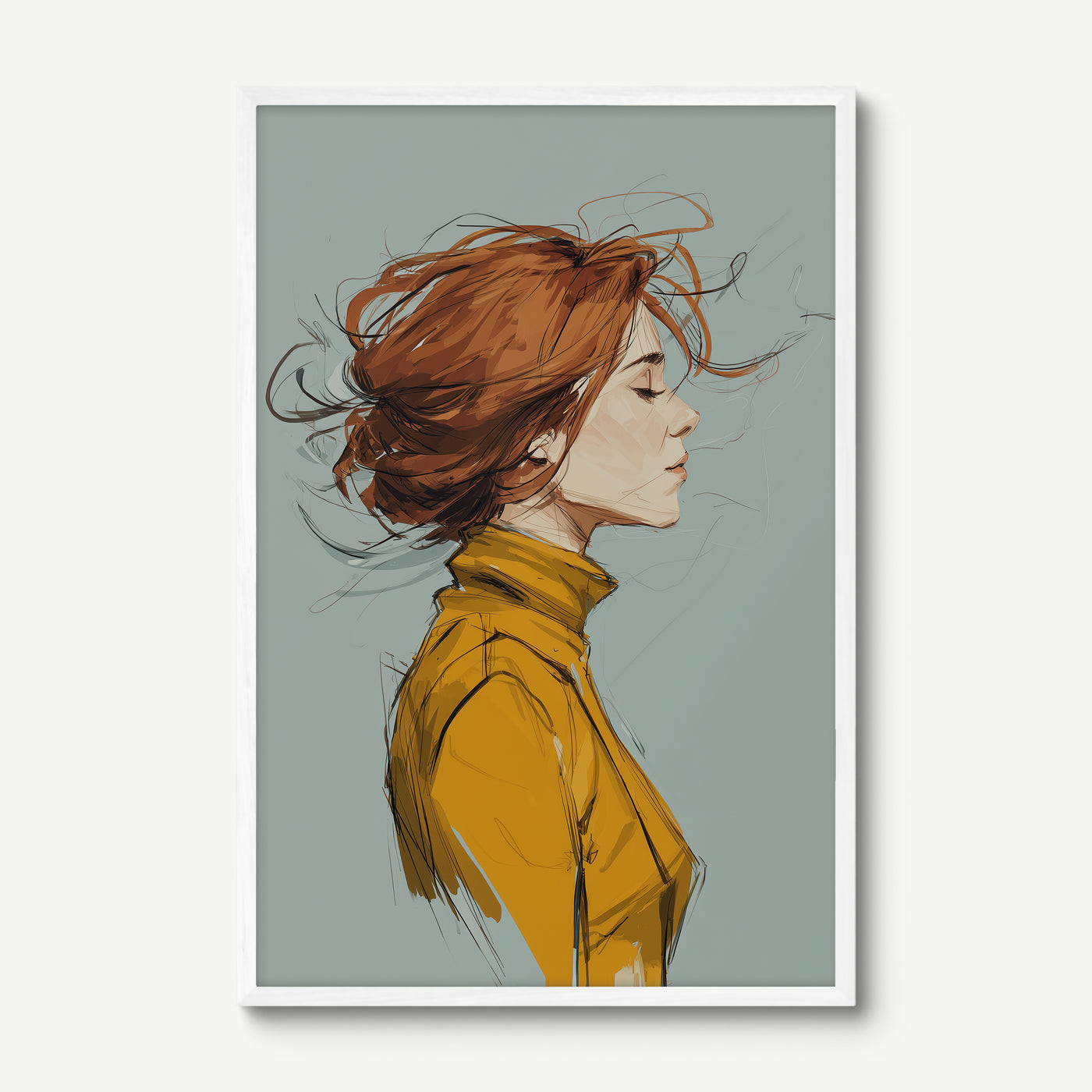 Windswept Auburn Profile art print in a white frame