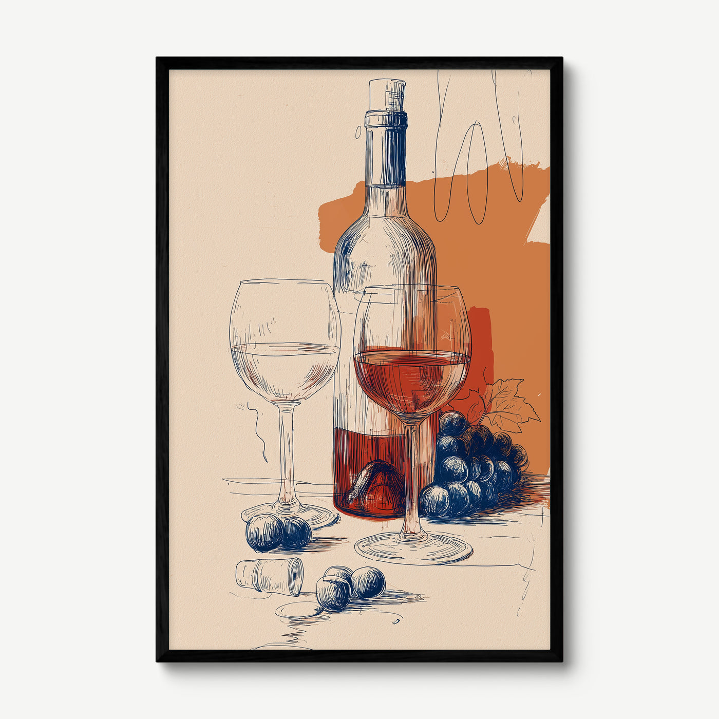 Wine Sketch art print in a black frame