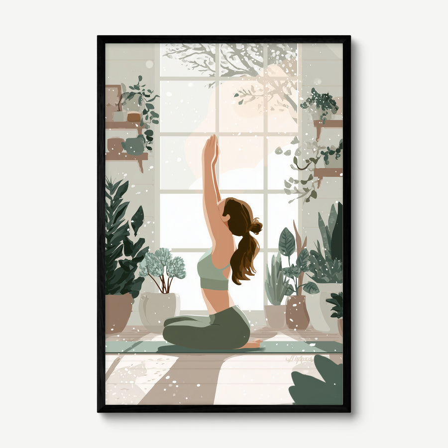 Winter Yoga Garden art print in a black frame
