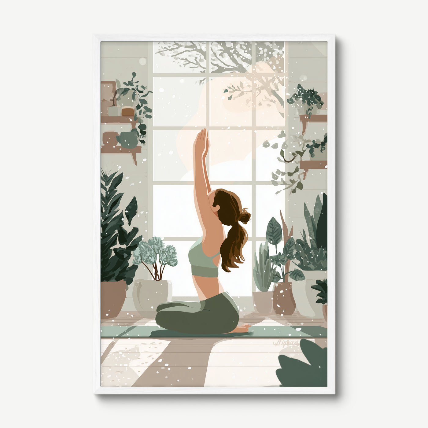 Winter Yoga Garden art print in a white frame